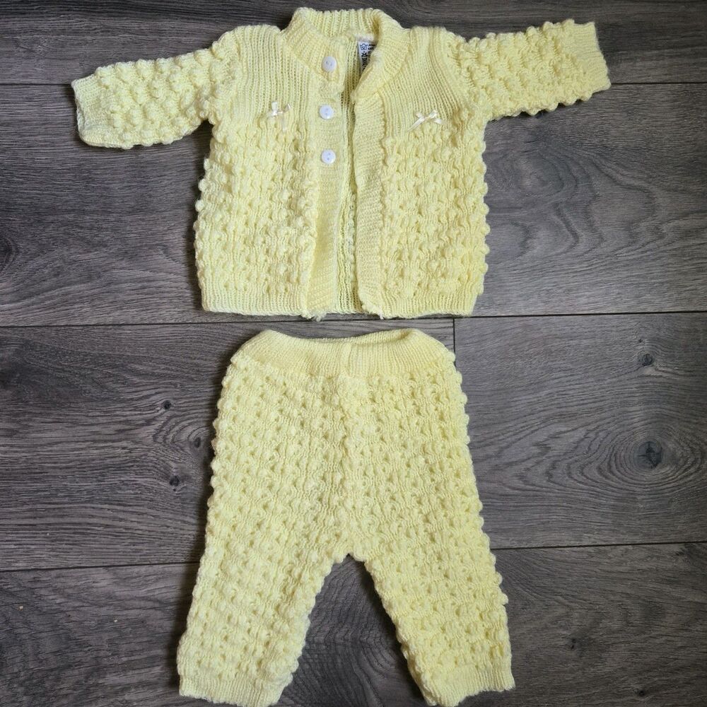 Vintage Baby Yellow Knit Popcorn Sweater Pants Set Cardigan Bows 0-3M Lemon 70s
